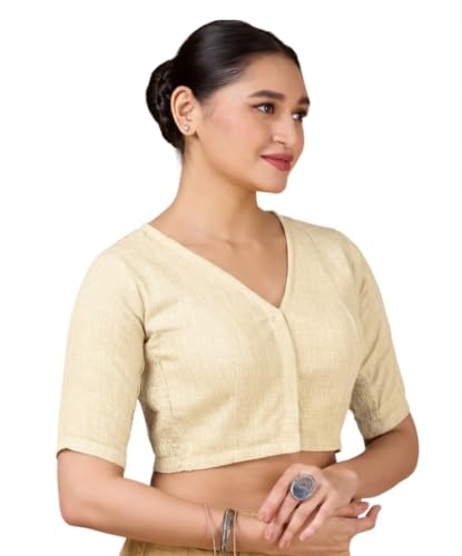 Image of Studio Shringaar Women's Thick Handloom Cotton Plain Side Stretch (Smocked) Readymade Saree Blouse