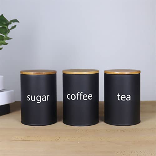Sotech Metal Food Storage Jar Farmhouse Coffee Canisters With Bamboo Lids,Black Kitchen Canisters Set Of 3 Decorative Canisters For Kitchen Counter,Home Decor,Sugar Coffee And Tea Container Set #TOP1