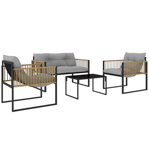 Outsunny Conjunto de Jardín Exterior de Ratán Sintético de 4 Piezas Muebles de Jardín Exterior Incluye Sofá de 2 Plazas 2 Sillones 1 Mesa de Centro de Vidrio con Cojines Gris y Natural