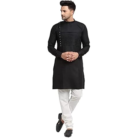 Men Cotton Kurta Pyjama Set Indian Men's Casual Designer Eid Party Wear Kurta Pajama for Boys (XXL, Black) Cover