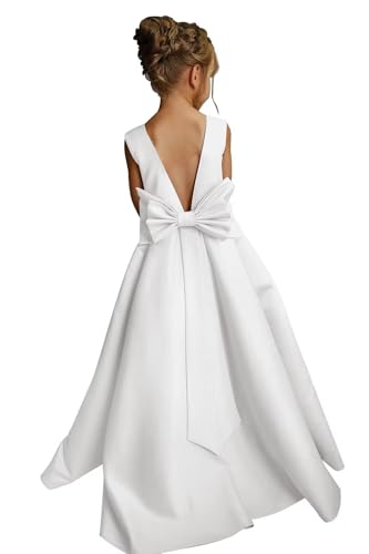 Satin Flower Girl Dresses for Wedding Kids Floor Length Princess Pageant Dress Bow-Knot Birthday Prom Ball Gowns