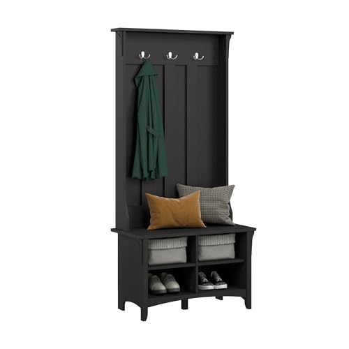 Image of Bush Home Salinas Hall Tree with Shoe Storage Bench in Vintage Black, Multi-Purpose Home Organizer, Entryway Solution with Seating and Hooks