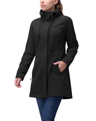 33,000ft Women’s Waterproof Jacket with Hood Ladies Softshell Jacket Fleece Lined Windbreaker 8000MM Raincoat Long Waterproof Coats for Outdoor Walking, Black M