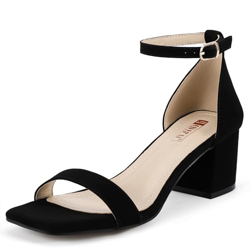 IDIFU Black Heels Chunky Block Low Heels Square Open Toe Ankle Strap Short Heeled Sandals Work Party Formal Office Summer Prom Dress Shoes for Women Dressy Comfort Thick Heels(Black Nubuck, 8)