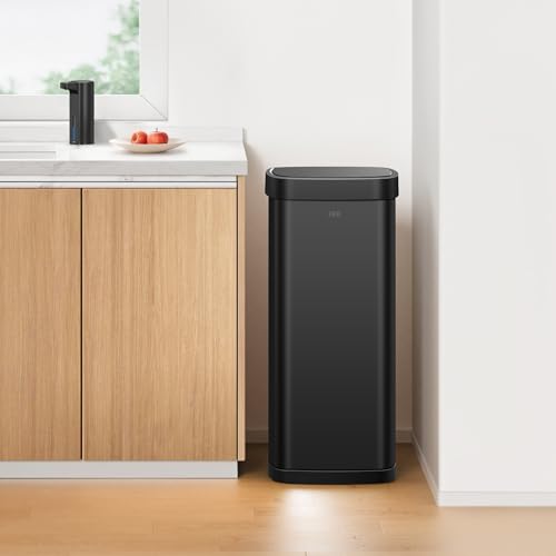 Image of EKO EcoSmart 80L / 21.1 Gallon Motion Sensor Trash Can or Recycling Bin - Tall, Large Touchless Kitchen Garbage Bin with Soft-Close Lid for Home or Office, Brushed Stainless Steel, Matte Black