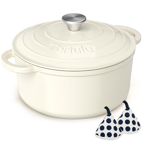Enamelled Cast Iron Round Casserole Pot with Lid & Cotton Potholders - 26cm 4.75L Non-Stick Dutch Oven - Sturdy Dutch Oven Cookware for Bread Baking, Braising, Stews, Roasting - Cream White, 5QT