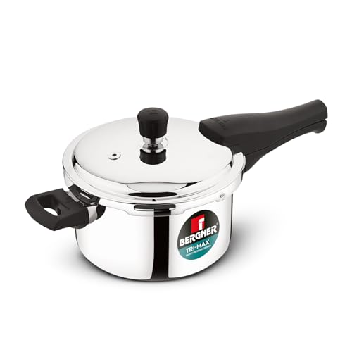 Bergner Tri-Max 3 L Triply Pressure Cooker, Outer Lid Cooker, Triply Body, Healthy Cooking, Durable Bakelite Handle, Safety Valve, Measuring Scale Inside, ISI Certified - Induction and Gas Stove Ready