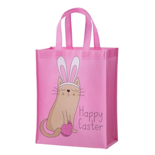 WRAPAHOLIC Large Reusable Easter Gift Bag with Handles - 10 x 5.5 x 13 inch - Adorable Cat with Rabbit Ears Happy Easter