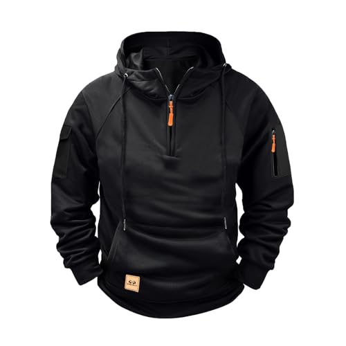 GOFULY Tactical Men'S Sweatshirts Hoodies Stylish Half Zip Mens Pullover Sweater Hoodie Big And Tall Winter Mens Fall Jackets With Pockets Casual Drawstring Long Sleeve Fall Solid Jackets Black L