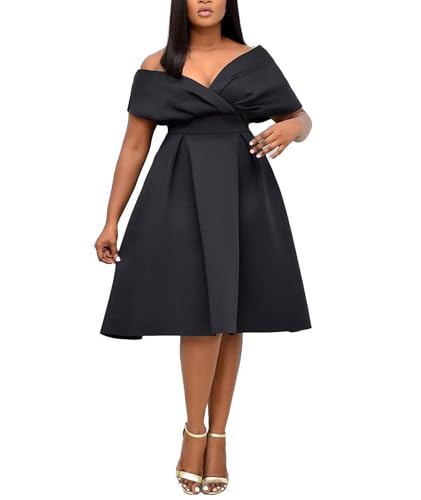 xxxiticat Robe midi en satin pour femme - Épaules dénudées - Ligne A - Pour mariage, invité, fête, cocktail, bal de fin d'année, Noir , XXL