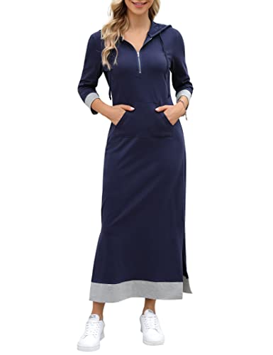 Image of MISSKY Women Casual Pocket Quarter-Zip Neck 3 /4 Sleeve Slim Split Pullover Hoodie Maxi Dress