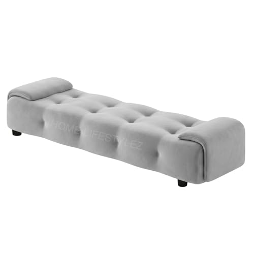 Image of Home Lifestlez Monel 2 Seater Tufted Ottoman Bench | Velvet Upholstered | Seating Bench Window Bench Footrest Stool End of Bed Bench Living Room Furniture | Comfortable & Stylish - Grey