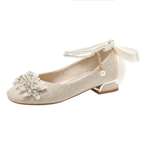 Women's Rhinestones Pearl Ankle Strap Chunky Heel Satin Pumps,Comfort Round Head Closed Toe Wedding Heels Sparkly Prom Evening Party Shoes