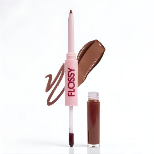 Image of Flossy Cosmetics The Fine Line Plumping Lip-Duo - Typing | Lip Liner & Lip Oil for Fuller Looking Lips | Long-Lasting Lip Contour, Hydrating Glossy Finish | Vegan & Cruelty-Free, 4g