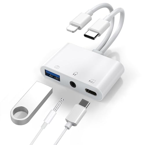 Adaptateur USB C et Lightning vers jack 3,5 mm, adaptateur 3 en 1 pour appareil photo USB OTG et répartiteur de casque auxiliaire, prend en charge la charge/l'audio/le transfert de données pour iPhone