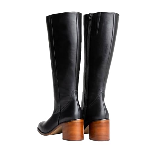 Women's Retro Wide Calf Knee-High Boots With Side Zipper Chunky Heel Square Toe Fashion Leather Boots4