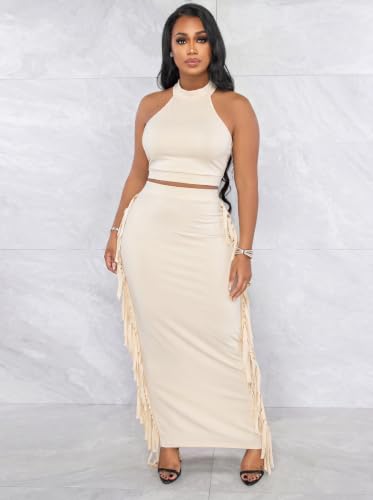 Image of 2 Piece Outfits for Women Sexy Halter Neck Sleeveless Crop Tops Ruched Bodycon Dresses Jumpsuits Fringe Skirt Sets