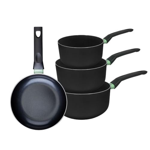 Fackelmann 9430150 Ensemble de 1 poêle de 20 cm et 3 casseroles 16, 18 et 20 cm, revêtement céramique antiadhésif, sans PFAS, tous feux, induction, four, Aluminium, Noir, Vert
