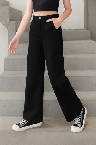 Image of ADBUCKS Stretchable High Rise Cargo Style Wide Leg Jeans for Girls II Girls Jeans