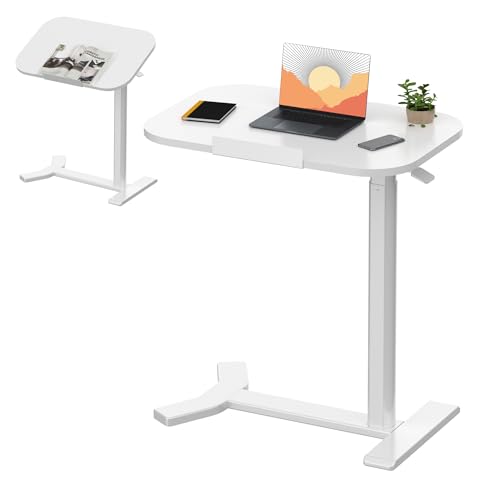 SANODESK Standing Desk Adjustable Overbed Table Pneumatic Standing Desk with Locking Casters, Mobile Laptop Cart for Bed, Sofa, Hospital & Home Office (White Frame+White Top)