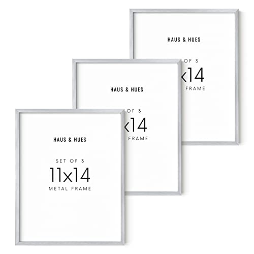 HAUS AND HUES Silver Picture Frames - 11x14 Frame Set of 3, Sets for Wall Collage, Poster Frame, Art Display, Photo (Silver Aluminum Frames), 11x14in