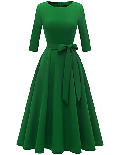 DRESSTELLS Vintage Tea Dress for Women, 3 4 Sleeves Cocktail Party Dresses, Fit Flare Aline Swing Chic Dress, 1950s Rockabilly Retro Stretchy Dress, Church Prom Work Green L