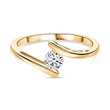 Moissanite Bypass Ring in 18K Yellow Gold Plated Sterling Silver - 5mm Round Brilliant Cut Solitaire Minimalist Ring - Modern Engagement Promise Ring - Size U