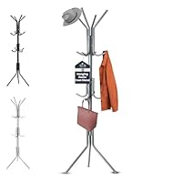 LKH Coat Rack Stand 170cm Steel Hat Stand Coat Stands with 12 Hooks – Clothes Hanger for Jackets, Hats, Scarves, Bags & Umbrellas Space Saving Design Non-Slip Feet-Grey