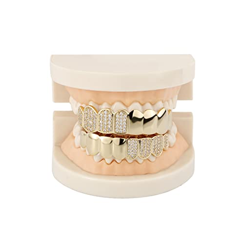 JINAO Hip Hop Half Diamond Top Bottom Grills for Your Teeth 14K Gold Plated Face Iced Out Cubic Zirconia Mouth Grillz for Men Women Fake Teeth Grill with Extra Molding Bars(Gold)