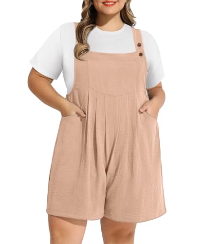 RITERA Plus Size Jumpsuit for Curvy Women Sleeveless Khaki Causal Rompers Adjustable Straps Overalls Shorts with Pockets Women's Summer Jumpsuits 4XL 24W 26W