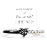 Love Me Until I'M Me Again Black Heart-Cut Half Enamel Ring, S925 Sterling Silver Heart Rings Self-Love Ring Gift, Heart Rings Birthday Gifts for Women, Daughter, Wife, Friends (Black, 7)