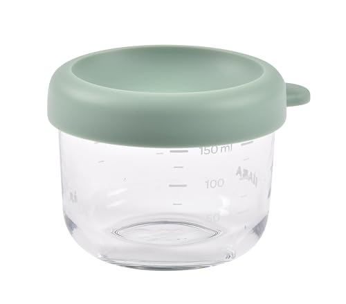 BEABA 5 oz Glass Baby Food Jars with Soft Silicone Air Tight Lids, Glass Storage Containers with Lids, Microwave and Freezer Safe Containers, Sage Green