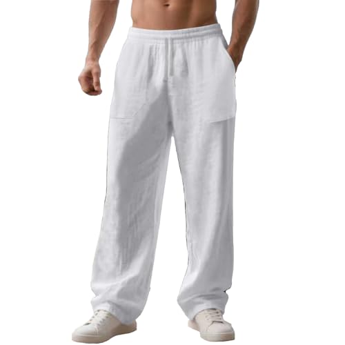 Hawyet Men's Linen Loose Fit Pants Lightweight Breathable Drawstring Trousers with Pockets Casual Straight-Legs Yoga Pants