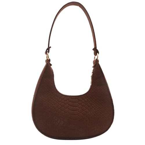 Women's Brown Crescent Shoulder Bag. Classic, Contemporary Style. Felt. Secure Pockets. All Seasons. Casual, Travel Occasion.