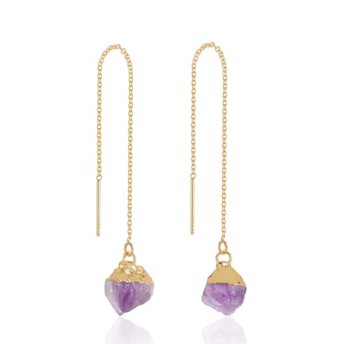 Fremttly Crystal Dangle Earrings, Long Chain Drop Earrings Gemstone Threader Earrings 14K Gold Plated Earrings for Women Trendy ER-Amethyst-2