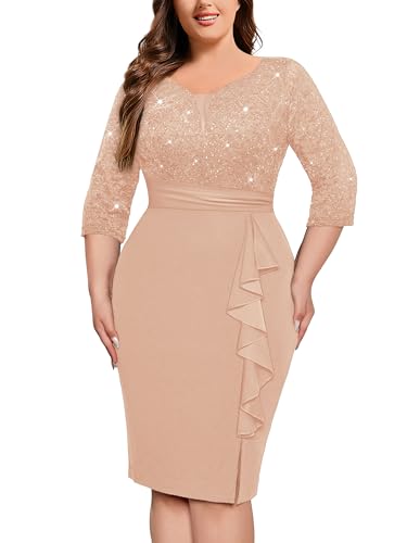 Image of MISSMAY Plus Size Lace Ruffle Cocktail Party Dress | Sequined Dress,V Neck,Ruffle Split Hem,Party Dress,Sparkle,Curvy Women,Bodycon Dress