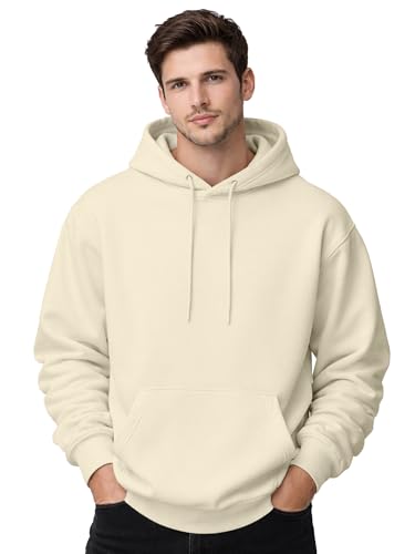 Image of Mens Drop Shoulder White Hoodie | Oversized Look Cotton Blend Fleece | Pullover Sweatshirt with Hood & Kangaroo Pocket | Winter Casual Wear