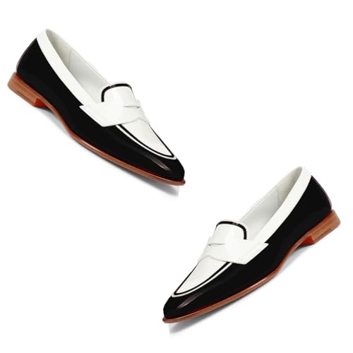 Image of Women Patent Slip On Loafer Flats Two Tone Round Toe Flat Heel Penny Loafers Casual 1 inch Low Heel Loafer Dress Shoes Oxford Comfort Chic Colorblock Office Ladies 4-11 M US