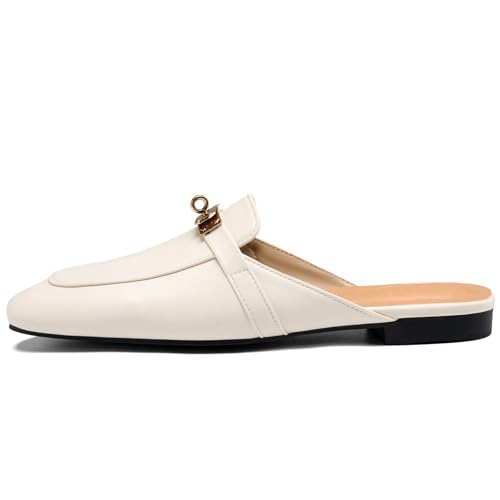 Image of Design Mules for Women, Almond Toe Slip-On Flats, Backless Loafers with Matal Buckle, Comfort Casual & Dressy Shoes