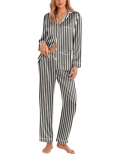 Image of Ekouaer Pajamas for Women Silk Satin Button Down Long Sleeve Pajama Sets