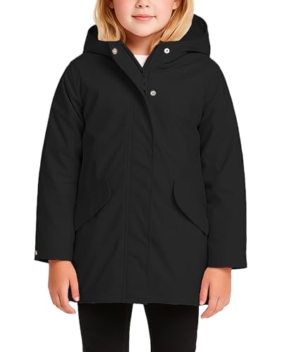 Image of URBAN REPUBLIC Girls Rain Jacket - Sherpa Fur Lined Raincoat for Girls Full Zip Up Hooded Rain Jacket (Size: 7-16), Size 14-16, Black