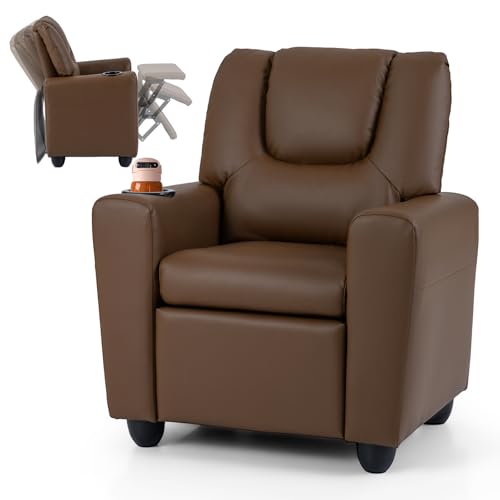 Image of HONEY JOY Kids Recliner, 2-in-1 Toddler Armrest Sofa Couch with Cup Holders, Adjustable Footrest, PU Leather, Child-Size Recliner Chair for Boys Girls Age 3+ (Brown)
