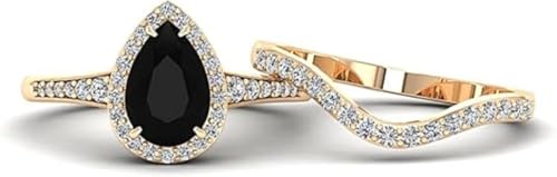 2 CT Pear Engagement Ring Onyx Bridal Ring Set Stone Halo Diamond Ring Curved Wedding Band Art Deco Rings for Her3