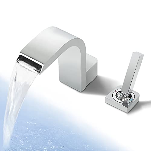 Waterfall Bathroom Sink Faucet Single Handle 2 Hole Deck Mount Bathtub Faucet Waterfall Bathroom Faucet 4 inch Faucets Bathroom Sink Waterfall Spout Bathroom Faucet, Dr Faucet Polished Chrome