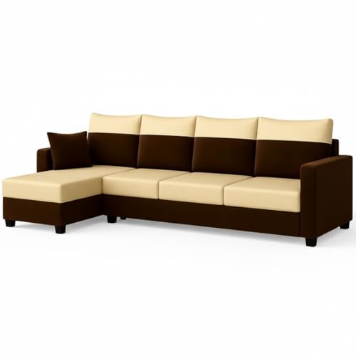 Image of Furny Arevva 6 Seater Fabric LHS L Shape Sofa Set (Cream-Dark Brown) | Soft Velvet Fabric | Modern Design | Comfortable Seating | Living Room Furniture