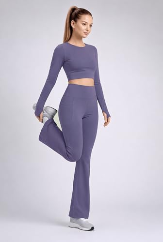 Image of PINAAK FASHION Women's Yoga Co-Ord Set | Full Sleeve Crop Top & Flared High Waist Yoga Pants with Pocket | Thumb Hole Sleeves | Bell Bottom Gym Wear Activewear Tracksuit for Workout, Running & Lounge