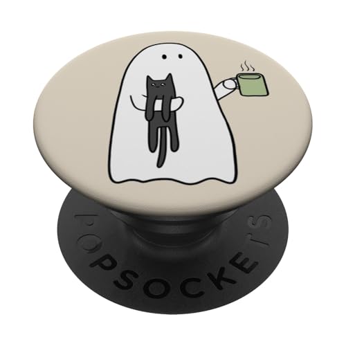 Spooky Ghost Holding Cat Coffee Lover Bookish Reading PopSockets Adhesive PopGrip
