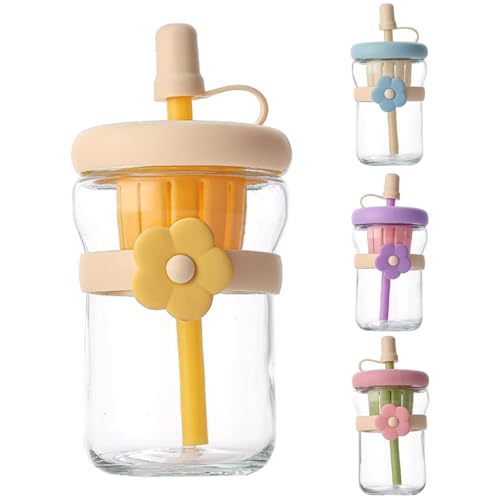 Image of 500ml Glass Sipper Bottle with Flower Band - 1 Pc Multicolor, Built-in Juicer & Straw, Leakproof Lid, Cute Aesthetic Drinkware for Kids & Adult