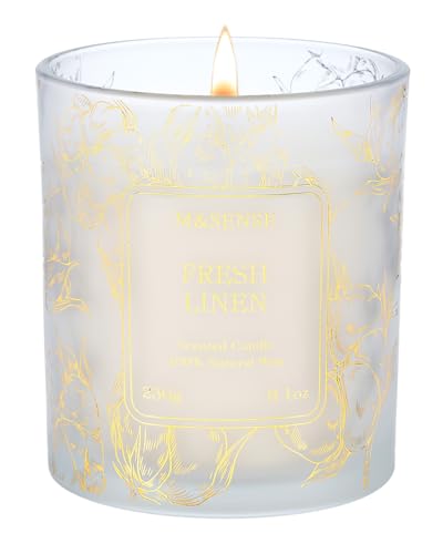M&SENSE Fresh Linen Soy Candle 8.1oz Gilded Glass Home Refresh Gift