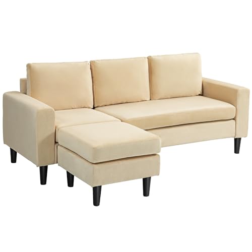 HOMCOM - Sofá esquinero Modular, sofá de 3 plazas con puf y 3 Cojines, Patas de Madera, Tejido de Terciopelo para Sala de Estar, Dormitorio, Oficina, 186 x 121 x 82 cm, Color Beige